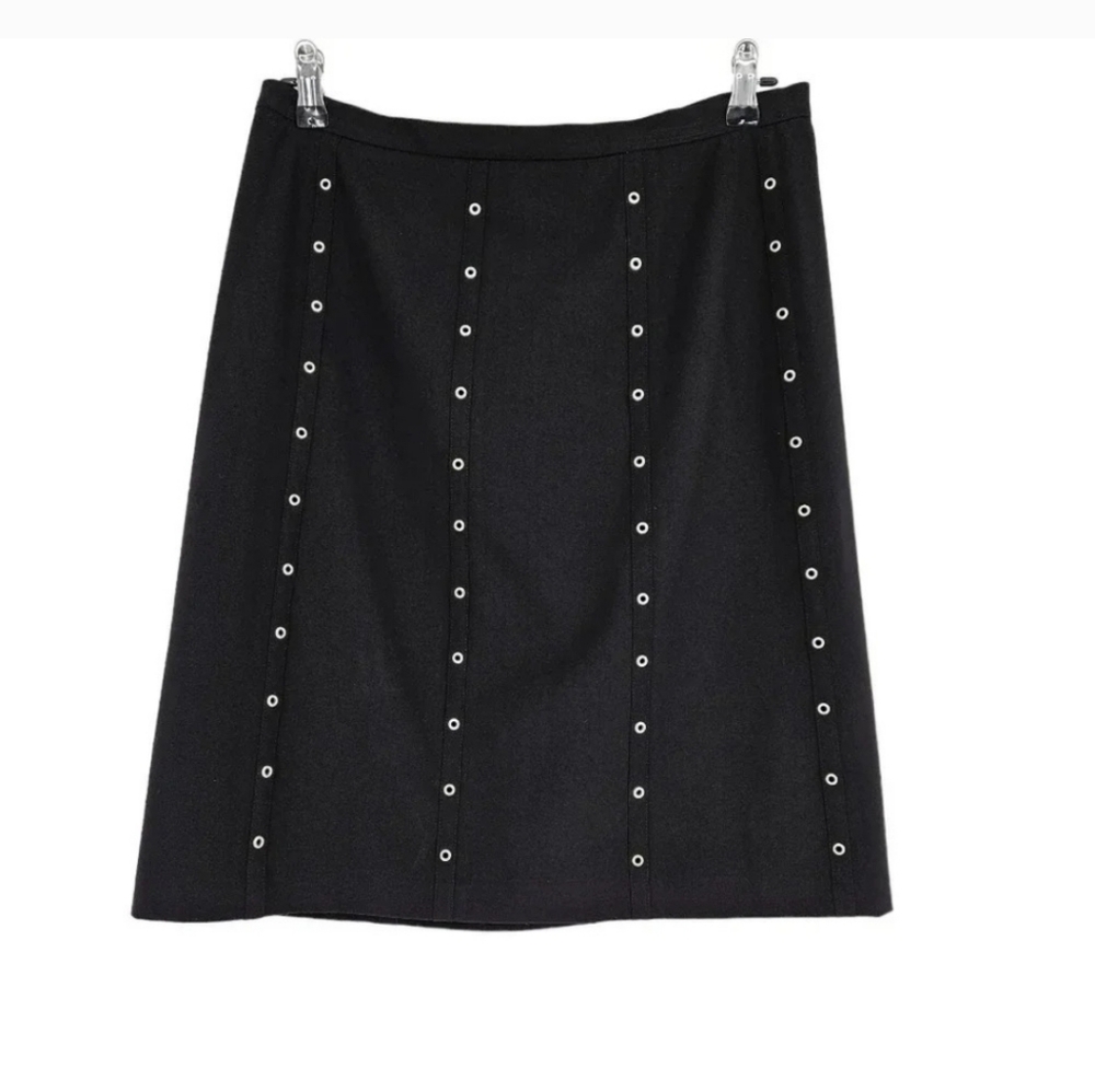 BCBGMAXAZRIA Flare Rivet Striped Skirt Black Lined Knee Length Zip